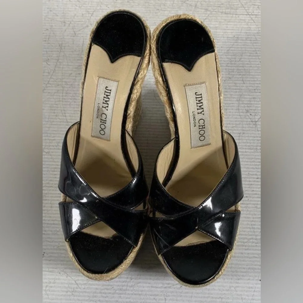Jimmy Choo Black Patent Leather Espadrilles/ Sandals 8 Authentic